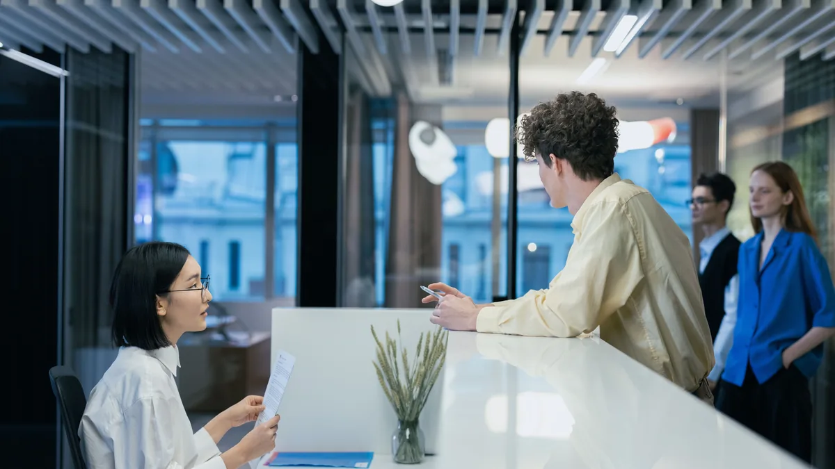 A shared office reception, the kind of address used for domiciliation at a third party's premises